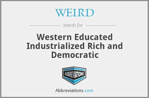 Weird acronym psychology - Just over a decade ago, the acronym ‘WEIRD’ (Western, educated, industrialized, rich and democratic) entered the psychological science lexicon 1.As described in the article that coined the ...